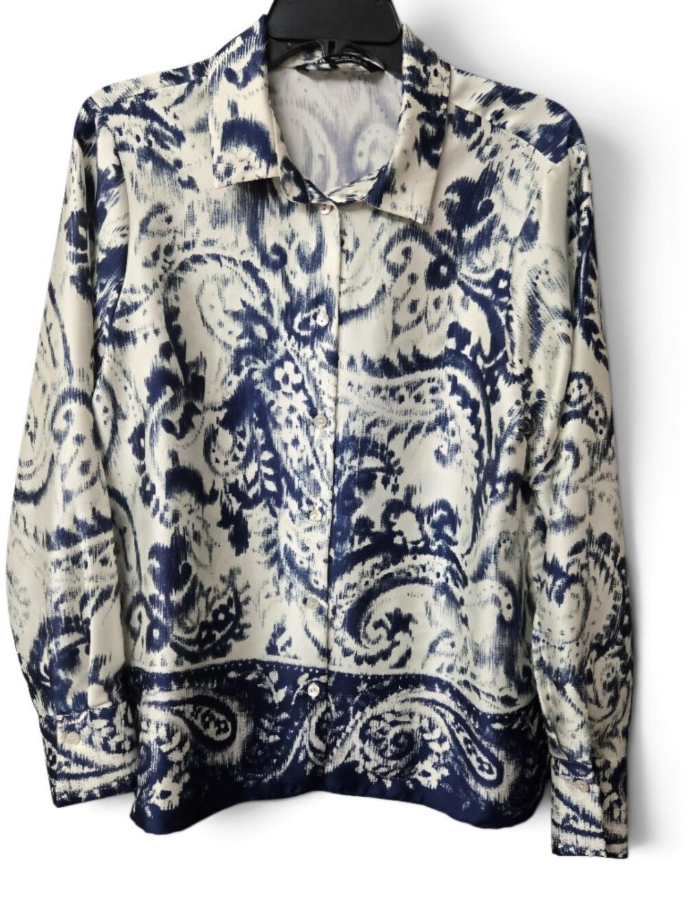Zara Button Down Shirt Paisley Print Satin Blouse Ecru Navy Blue Ikat Boho Artsy